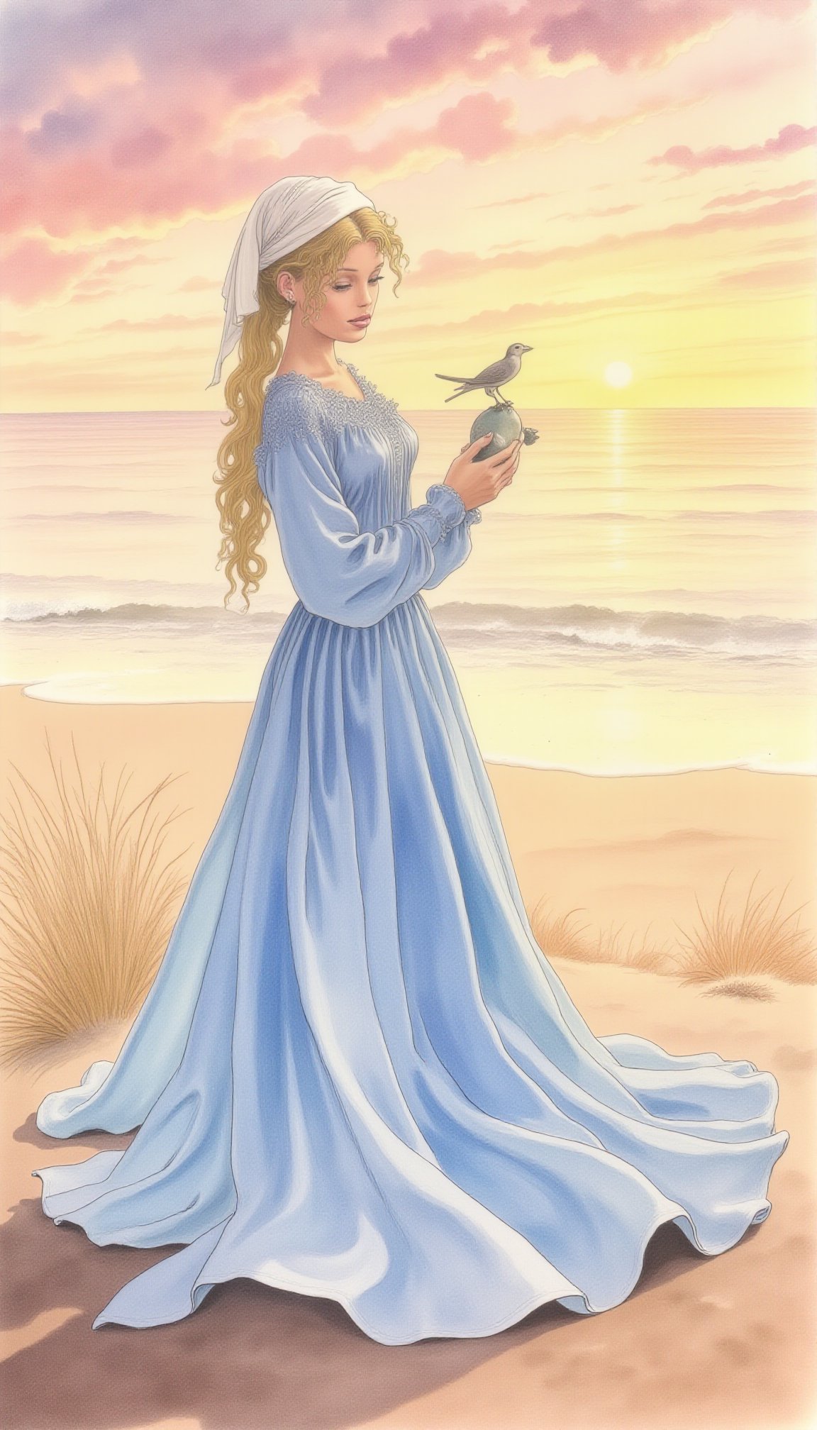 This is a watercolor painting depicting a serene, romantic scene at sunset. The artwork features a young woman standing on a sandy beach, gazing out at the ocean. She is dressed in a flowing, light blue dress with long sleeves and a high collar, which billows gently in the breeze, creating a sense of movement. Her long, blonde hair is tied back with a white headscarf, and she holds a small, delicate bird in her hands, looking contemplative. <lora:m4n4r4 v2 by Devildonia:1> m4n4r4