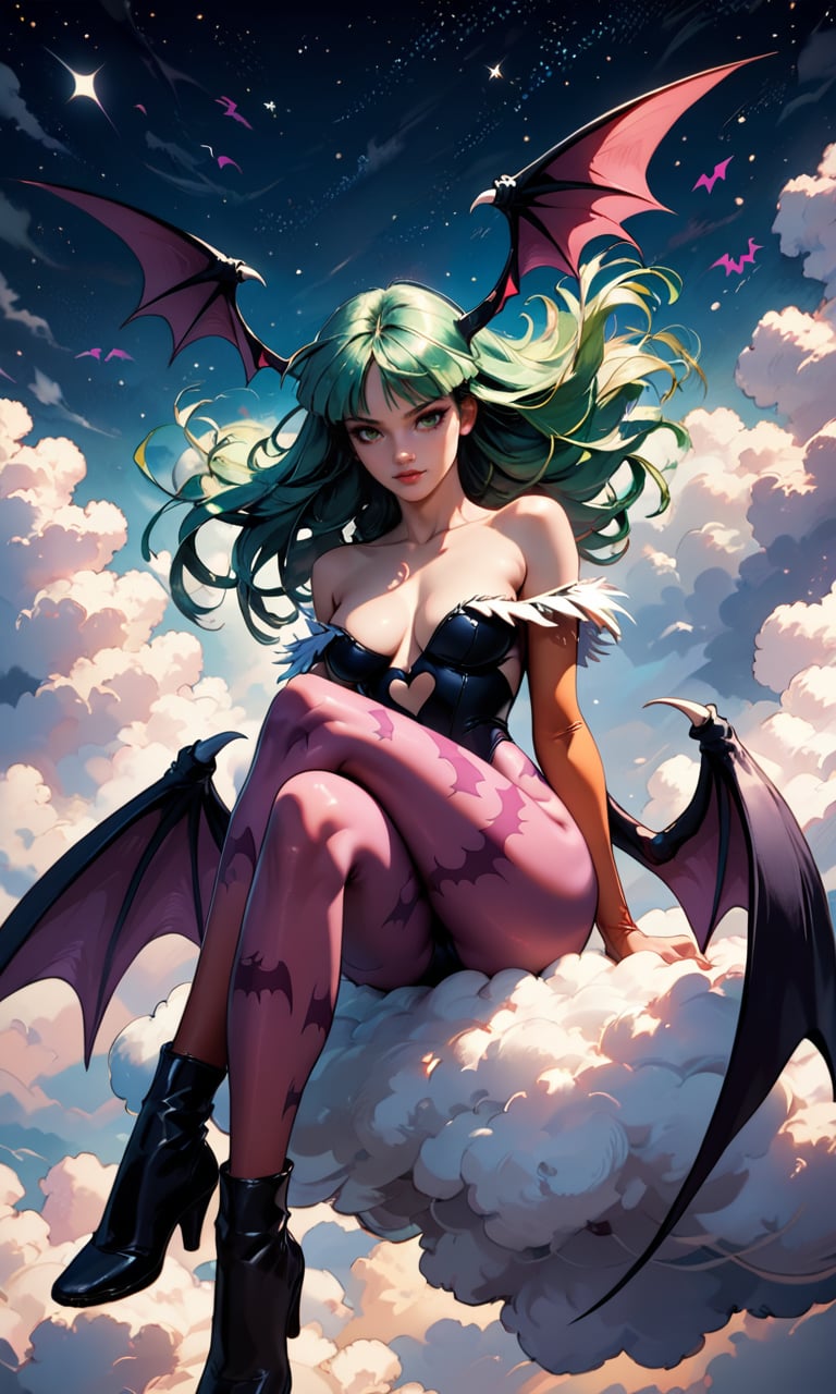 score_9, score_8_up, score_7_up, Morrigan Aensland, green hair, floating hair, sitting over a cloud, crossed legs, starry sky, detailed