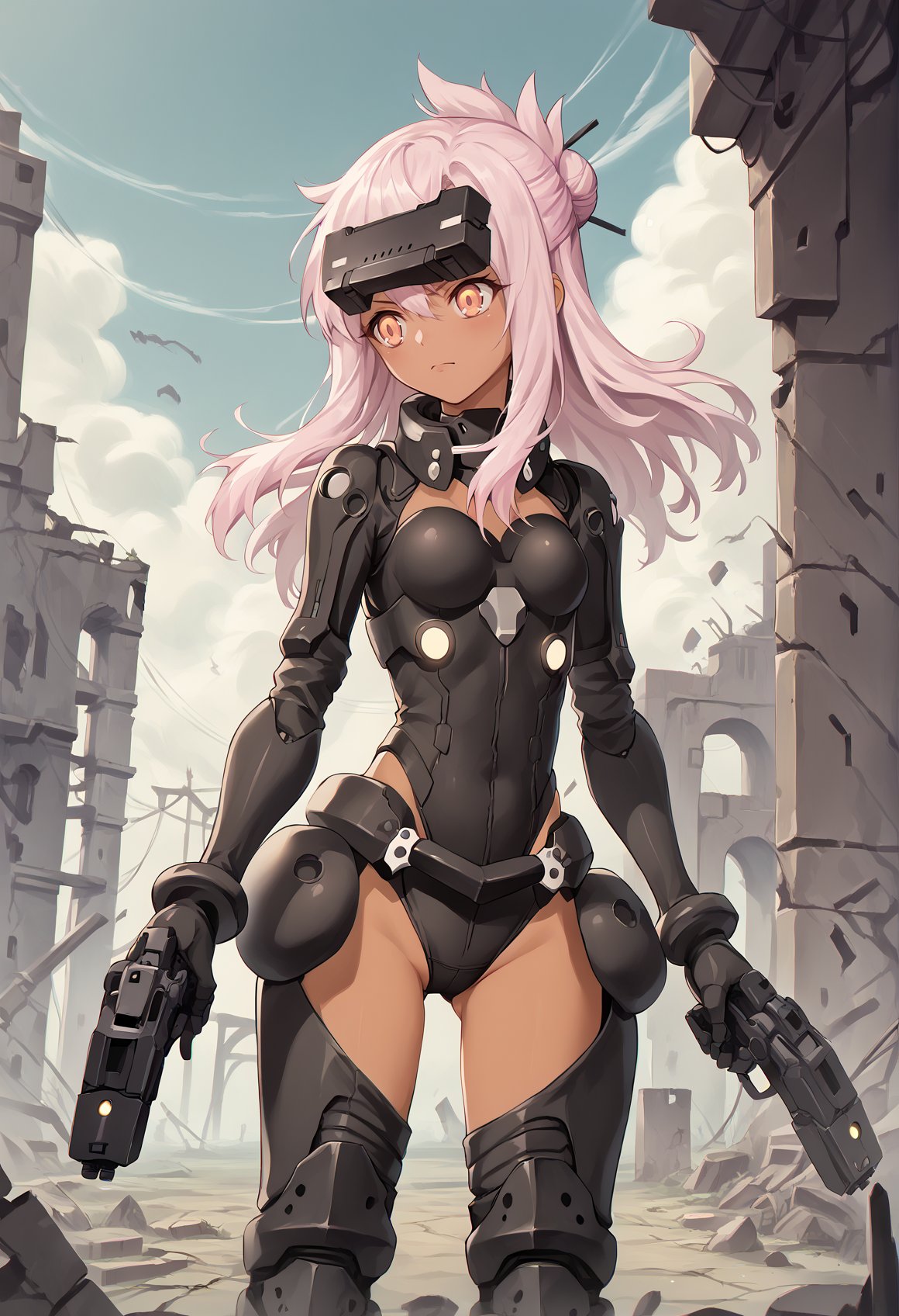 1girl, dark skin, pink hair, orange eyes, medium hair, single hair bun, topknot, leotard, Clothing Cutout, mecha, high collar, power suit, mechanical gloves, Mechanical Boots, Head-Mounted Display, outdoors, ruins, post-apocalypse, leds, cowboy shot, holding gun <lora:Mashu:0.8> <lora:Kuro_XL:1>, score_9, score_8_up, score_7_up, score_6_up, score_5_up, score_4_up, BREAK source_anime, masterpiece