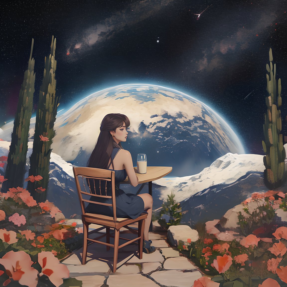 (high quality, masterpiece), eotw_lora, solo, 1girl, portrait, sexy, dress, chair, from behind, garden, space, planet behind, starry sky, scenery, <lora:Edge_World-08:1>