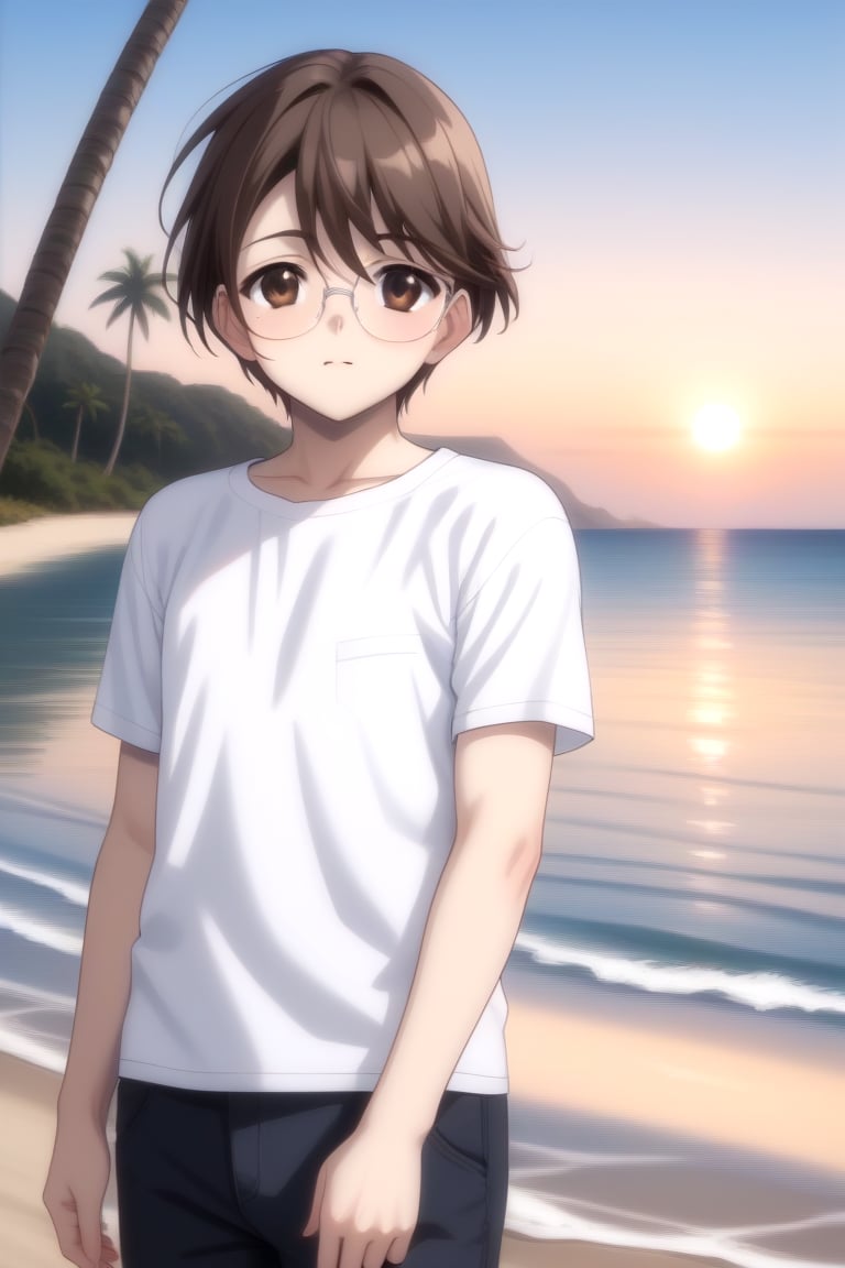 Highly detailed, High Quality, masterpiece, beautiful, BREAK 1boy, solo, male focus, 16 years old, yuuki ashikaga, brown hair, brown eyes, short hair, glasses, BREAK beach, palm trees, sea, outdoors, sunset, BREAK pants, white T-shirt, BREAK Front view, Focus waist, standing<lora:EMS-332415-EMS:0.600000>, <lora:EMS-438646-EMS:1.000000>