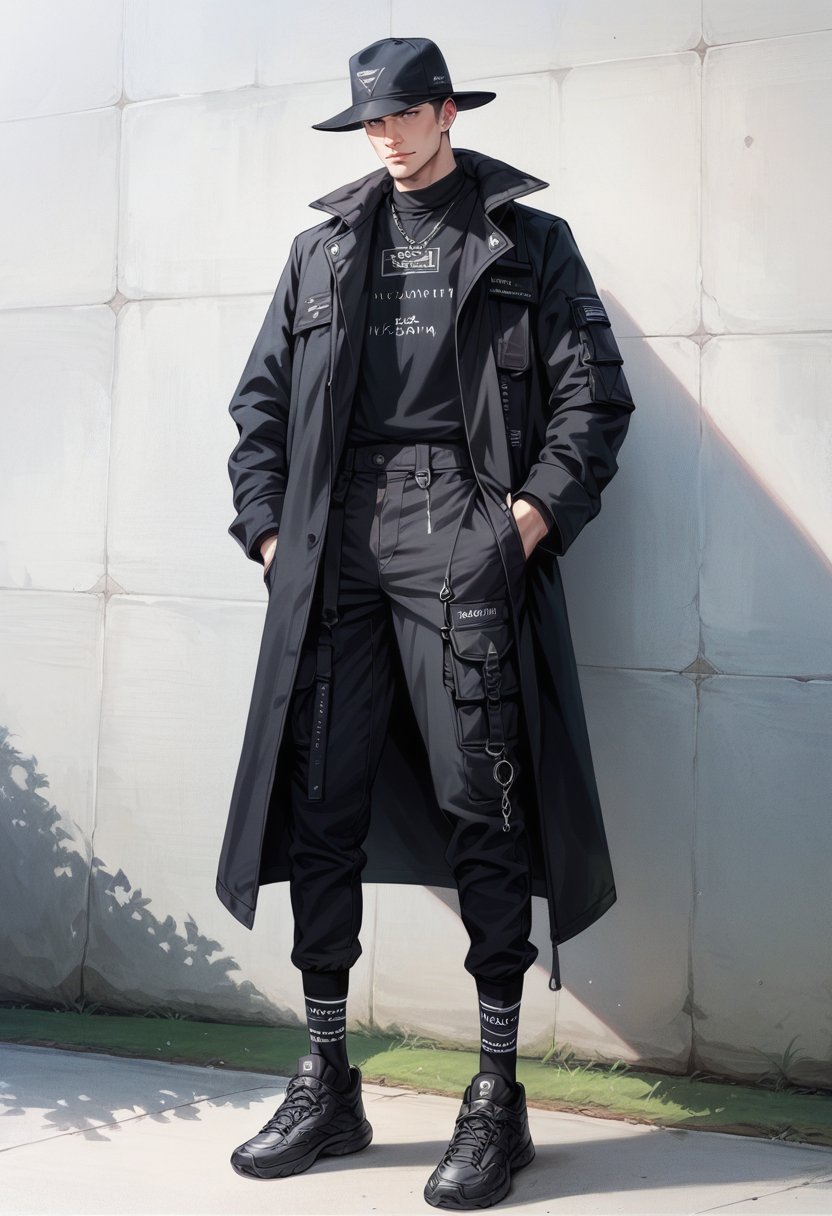 (score_9, score_8_up), score_7_up, zPDXL, dark_techwear, solo, 1boy, hat, standing, jacket, full body, male focus, outdoors, shoes, socks, pants, black footwear, coat, black jacket, black shirt, black headwear, black pants, sneakers, black coat, fashion,<lora:dark_techwear-000016:0.9>