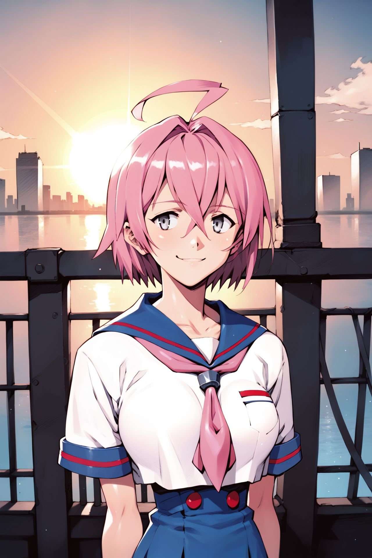 score_9, score_8_up, score_7_up, 1girl, squinting eyes smile, pink hair, heavy_fringe, ahoge, light_grey eyes, large breasts, sailor \(naval uniform\), hand_behind_back, city, lens flare <lora:Sadamoto_Yoshiyuki_PonyXL_style_v01:1>