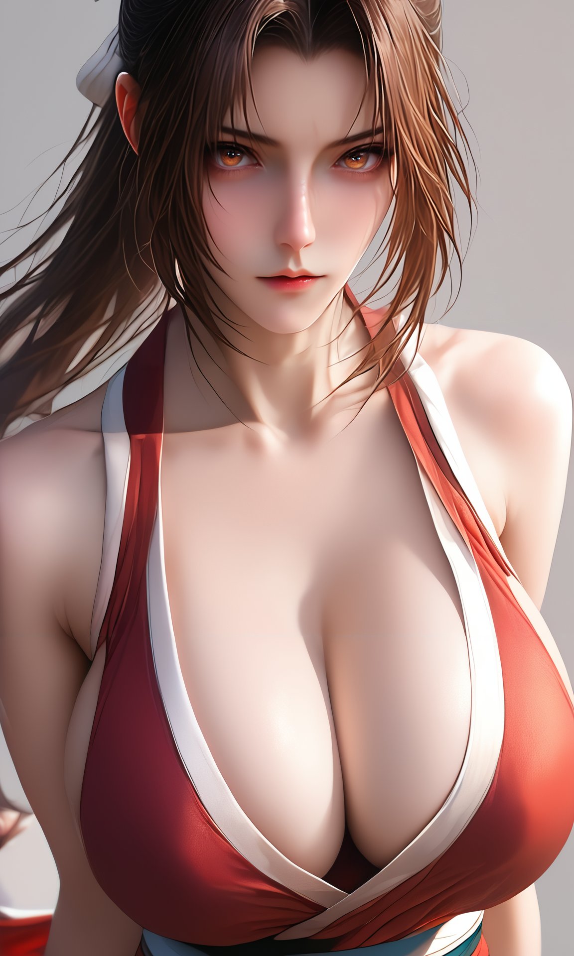 score_9,score_8_up,score_7_up,score_6_up,shiranui mai, 1girl, breasts, brown eyes, brown hair, cleavage, collarbone, female focus, huge breasts, leotard, leotard under clothes, long hair, red leotard, revealing clothes, simple background, solo, white background