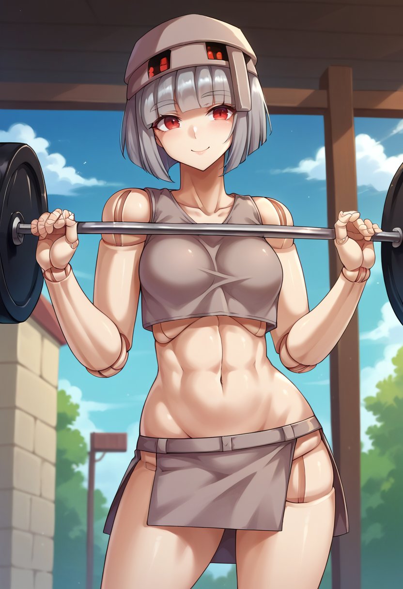 score_9,score_8_up,score_7_up BREAK 1girl,jeloirgo,solo,outdoors,toned,weightlifting,grey hair,red eyes,doll joints,hat,crop top,short skirt,side slit,looking at viewer,seductive smile,<lora:Iron_Golem-JeloXL:1>,