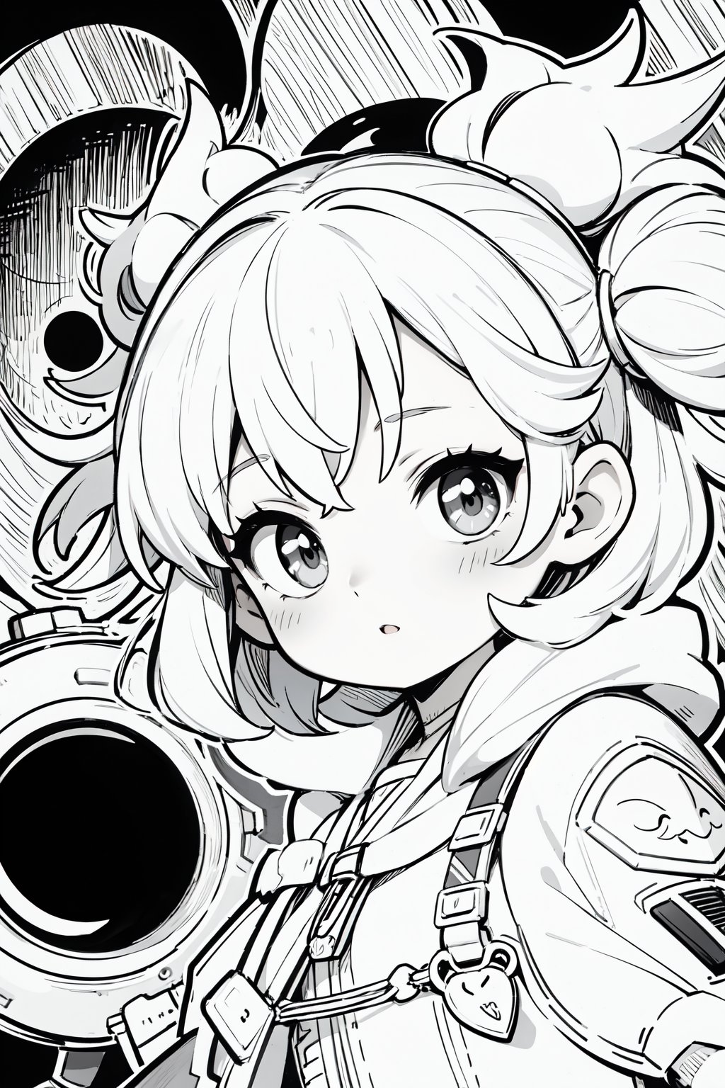 lineart,a little girl,manga cover,monochrome,greyscale,dialogue,masterpiece,high quality,