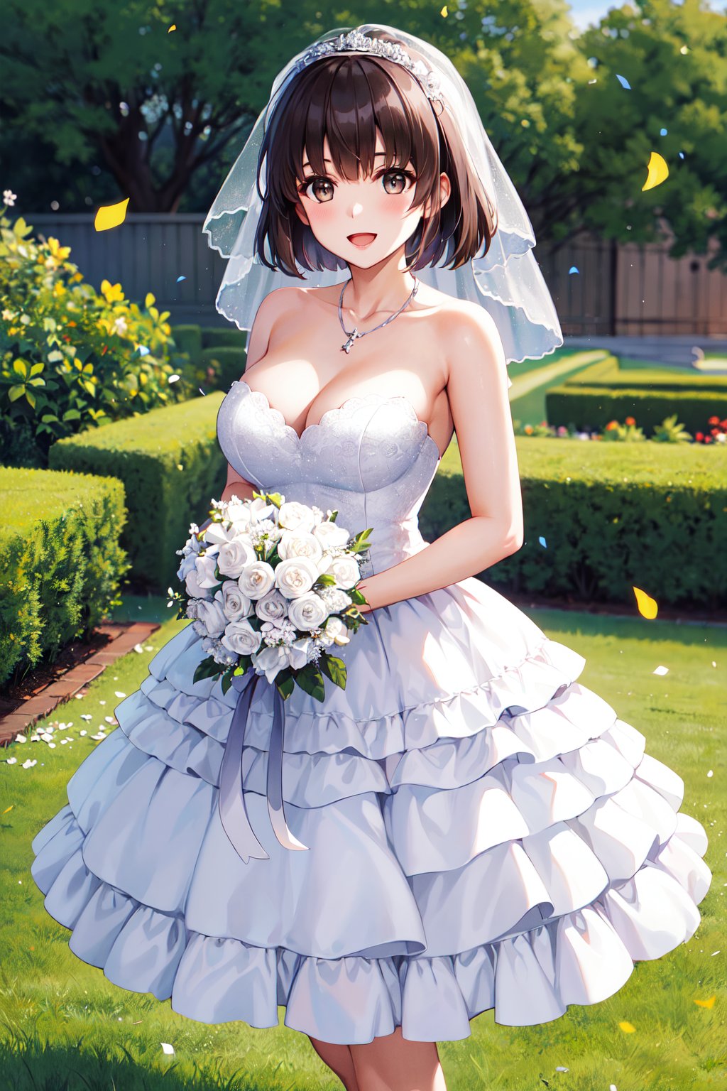 masterpiece, best quality, highres, aamegumi, short hair, <lora:katou_megumi_v2:0.7>, wedding dress, white dress, necklace, strapless, cleavage, smile, open mouth, holding bouquet, confetti, garden