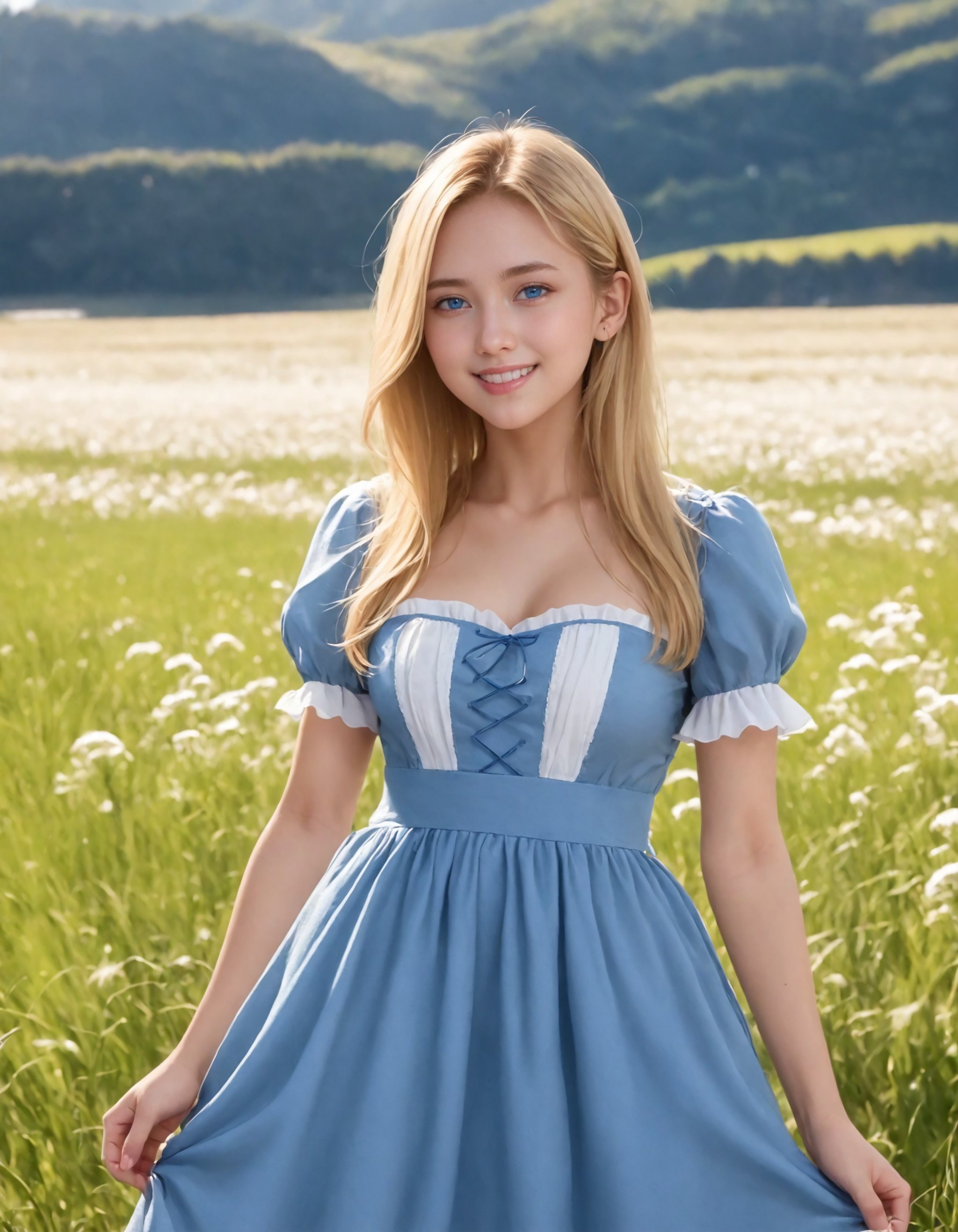 1girl, solo,(Best quality:1.0),(masterpiece:1.0),photorealism,cowboy shot,(blonde hair:1.1), (blue eyes),long hair,(medium breasts:1.1),slender,BREAK(European:1.2),dirndl,field,outdoors,windmill,smile,18yo,,