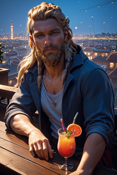 score_9, score_8_up, score_7_up, score_6_up<lora:ACMEivor:1.0>ACMEivor, 1boy, blonde hair, long hair, blue eyes, beard, looking at viewer, sipping a cocktail at a rooftop bar, with city lights twinkling below