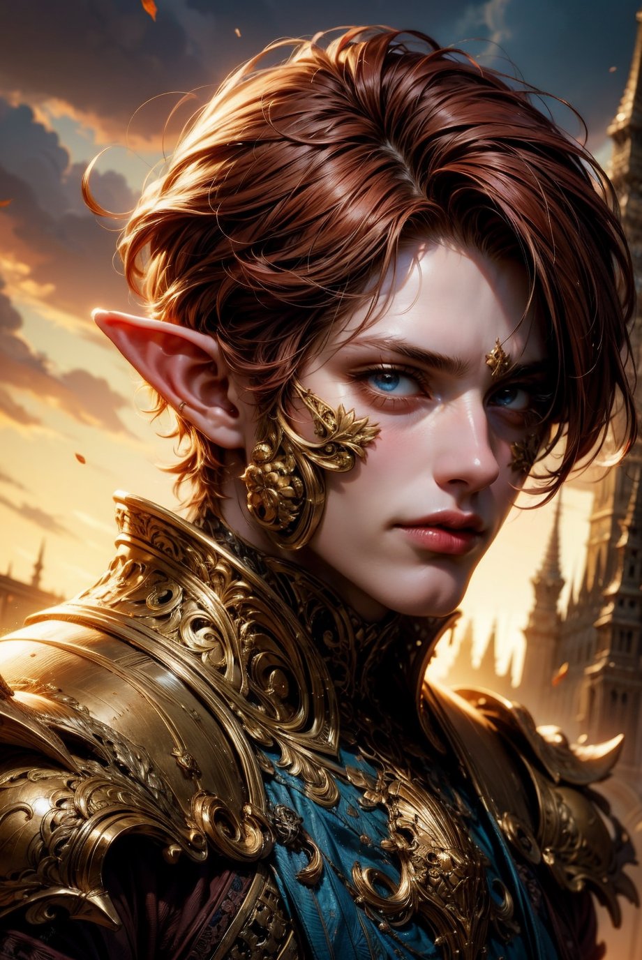 1male, warrior male elf, red hair, standing, high resolution, close up face, looking to the sky, elf