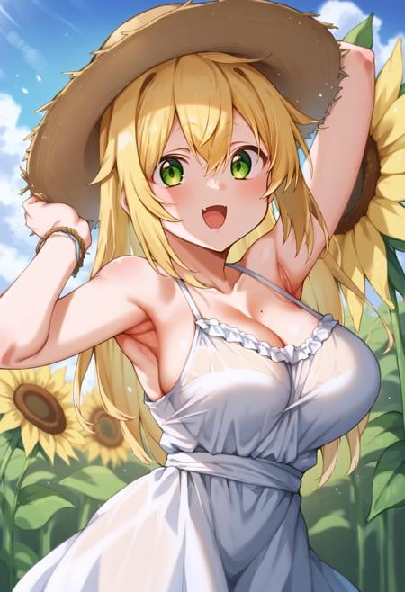 score_9, score_8_up, score_7_up, flower field, sunflower, sunflower field, sunset,BREAKsource_anime,BREAK1girl, sundress, sunhat, blonde hair, large breasts, see-through silhouette, happy, hair between eyes,arms up, armpits, light smile, <lora:kz oji-v1-PDXL:1>