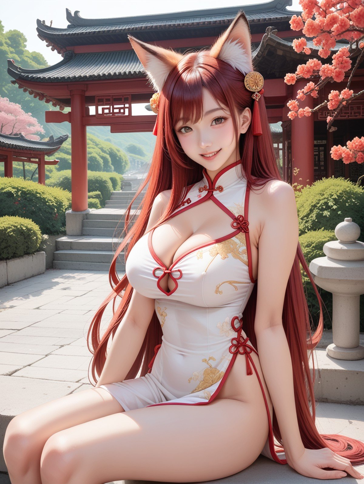 score_9, score_8_up, score_7_up, looking at viewer, smile, 1 girl, red hair,fox ears ,very long hair, brown eyes, large breasts,china dress,cleavage, outdoors, chinese palace, 