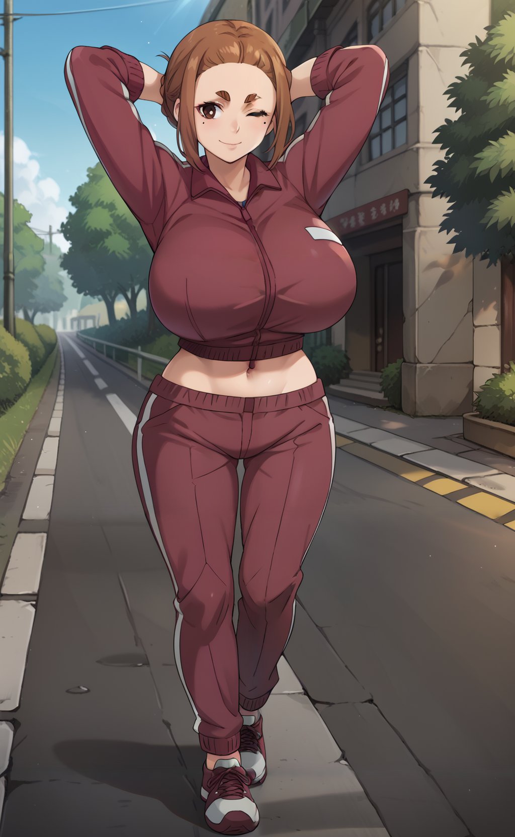 score_9, score_8_up, score_7_up, source_anime, <lora:Pony_DetailV1.0:1.5>, <lora:Sumireko_Ogawa-08:1>, sumireko_wz, brown hair, brown eyes, mole under eye, thick eyebrows, sidelocks, hair bun, single hair bun,short hair, huge breasts, navel, jacket, track jacket, shorts, track suit, pants, red jacket, long sleeves, outdoors, road, nature, light rays, arms behind head, one eye closed, standing, sneakers, sidewalk, 