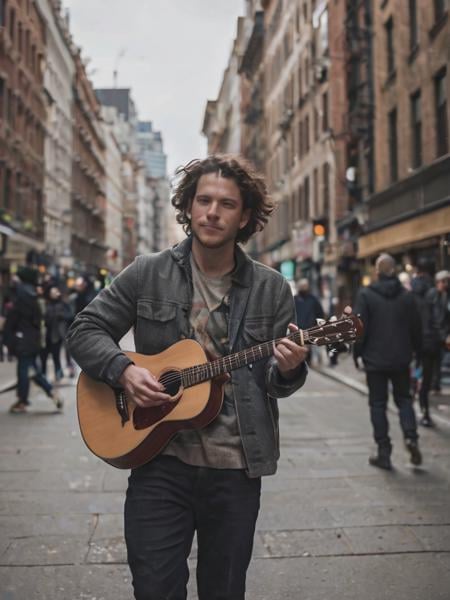A street portrait of a musician playing in an urban setting, focusing on the expression of passion and the energy of the performance, with the city's hustle and bustle fading into the background.