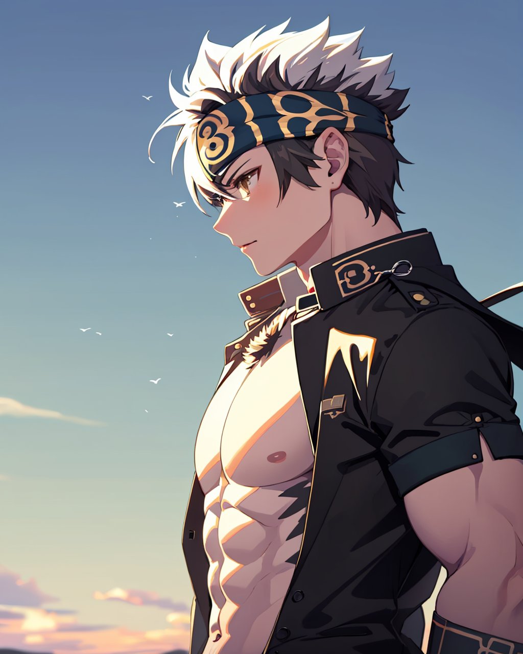 masterpiece,best quality, highly detailed, horkeu kamui,1boy, solo, muscular male, jacket on shoulders, bara, headband, ainu clothes, large pectorals, revealing clothes, from side, upper body, wind, bare pectorals,<lora:horkeu_kamui:1>