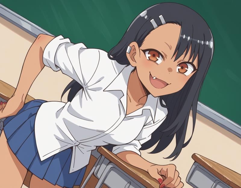 score_9, score_8_up, score_7_up, source_anime,hayasenagatoro, <lora:hayase-nagatoro-s1s2-ponyxl-lora-nochekaiser:1>,hayase nagatoro, long hair, bangs, black hair, hair ornament, brown eyes, hairclip, fang, dark skin, dark-skinned female, tan,skirt, shirt, school uniform, white shirt, pleated skirt, nail polish, blue skirt, red nails, earclip,indoors, classroom, bent over, smile,looking at viewer, cowboy shot, solo, dutch angle,