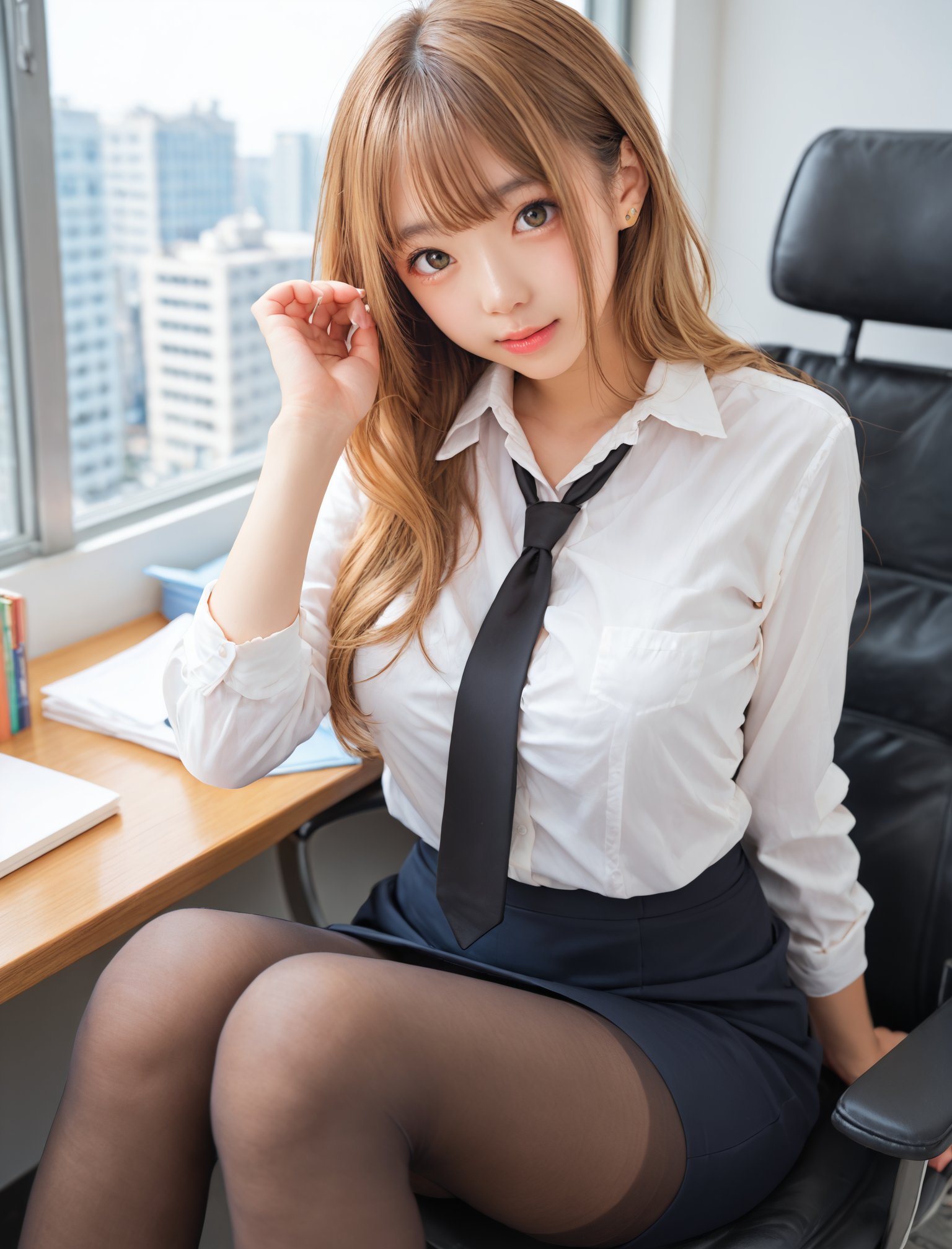 score_9, score_8_up, score_7_up,source_anime,BREAK rating_explicit,uncensored,1girl,solo,japanese girl,gyaru,women,brown hair,long hair,pantyhose,miniskirt,office lady,black necktie,in office,office chair,office desk,sitting on chair,skyscraper, window,looking at viewer, nogizaka