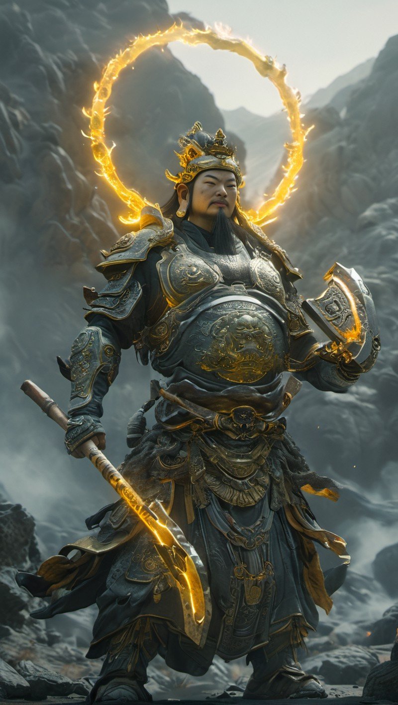 Death Stranding Style, Chinese mythological figures,Unreal Engine 5 render, A Chinese mythological budda god holding a giant battle axe with glowing halo on his head