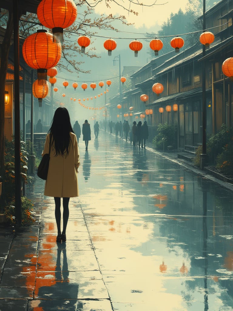 OBfencai,Captured at eye-level, a woman with long black hair and a tan coat is walking on a wet, rainy street. The woman's shadow is cast on the wet street, adding a touch of color to the scene. The scene is a vibrant, colorful, peaceful, outdoor scene. To the left of the woman, a row of Chinese lanterns are visible, adding depth to the composition. In the distance, a group of people can be seen walking along the street, their shadows cast against the water. The sky is a muted blue, with a few wispy clouds in the distance.