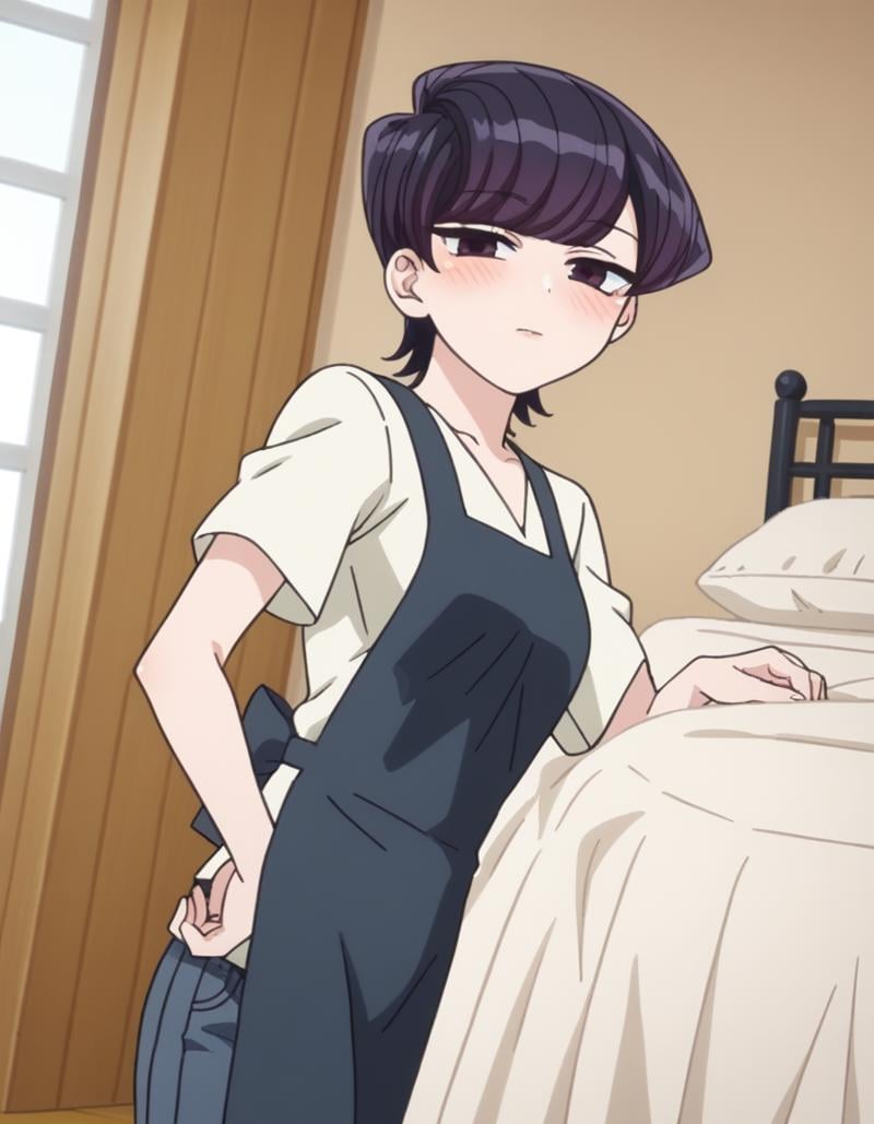 score_9, score_8_up, score_7_up, source_anime,shuukokomi, <lora:shuuko-komi-s1s2-ponyxl-lora-nochekaiser:1>,shuuko komi, short hair, black hair, black eyes, half-closed eyes,shirt, white shirt, short sleeves, pants, apron, denim, jeans, blue apron,indoors, bed, bed room, on side, blush, drunk,looking at viewer, cowboy shot, dutch angle, solo,