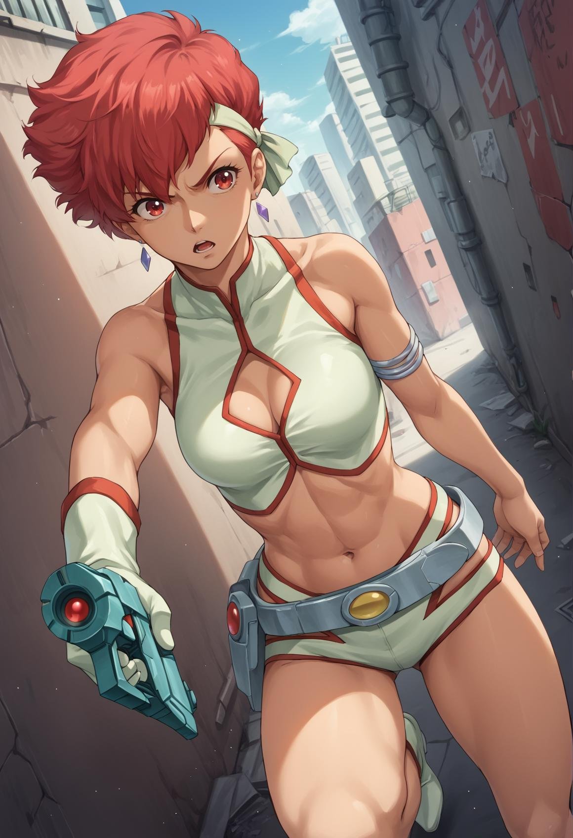 1girl, kei, dark skin, short hair, red hair, red eyes, hairband, earrings, jewelry, grey top crop, clothing cutout, single glove, wristband, armband, grey shorts, belt, Thigh Boots, grey footwear, outdoors, city, science fiction, alley, holding gun, dutch angle, serious, open mouth <lora:Dirty_Pair_XL:1>, score_9, score_8_up, score_7_up, score_6_up, score_5_up, score_4_up, BREAK source_anime, masterpiece