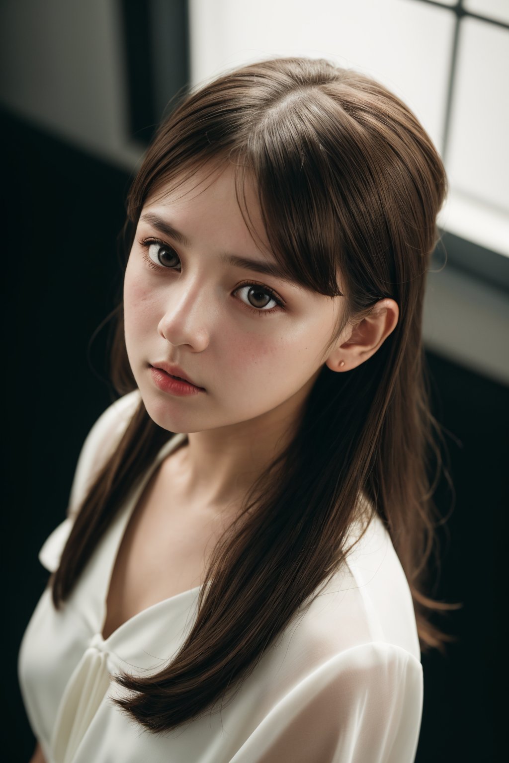 best quality, masterpiece,raw photo of 1girl, white dress, close up face, brown hair, fashion accessories, looking at viewer, indoor, dark theme, dark room, from above,professional photo, high contrast exposure, soft bokeh, high key light, hard shadow, soft bokeh, simple background,