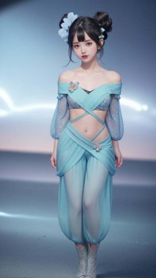 (1girl),smooth chin,masterpiece,detailed face,((hair ornament)),top quality,4k,make up,best quality,medium breasts,(looking at viewer),long legs,double bun,jewelry hair,dress,detached sleeves,ribbon,shawl,light blue skirt,puffy pants,hair rings,hair flower,(wariza),(arms behind back),bangs,jewelry on bangs,<lora:王者 小乔 青蛇SD_v1.0:0.6>,