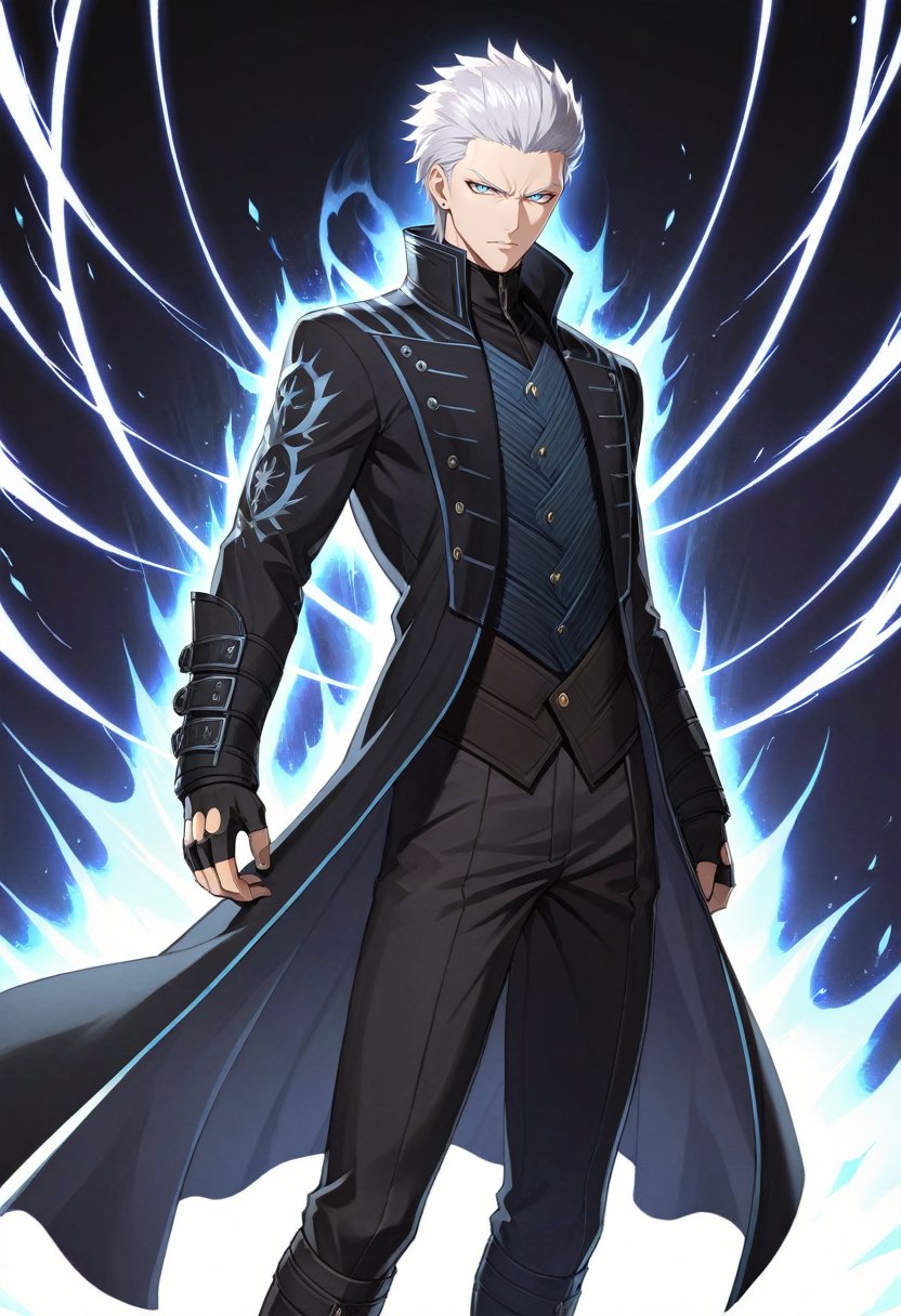 solo, male focus, 1boy, dmc5vergil, serious, looking at viewer, standing, v-shaped eyebrows, black coat, fingerless gloves, pants <lora:dmc5_vergil_xl-000004:1>