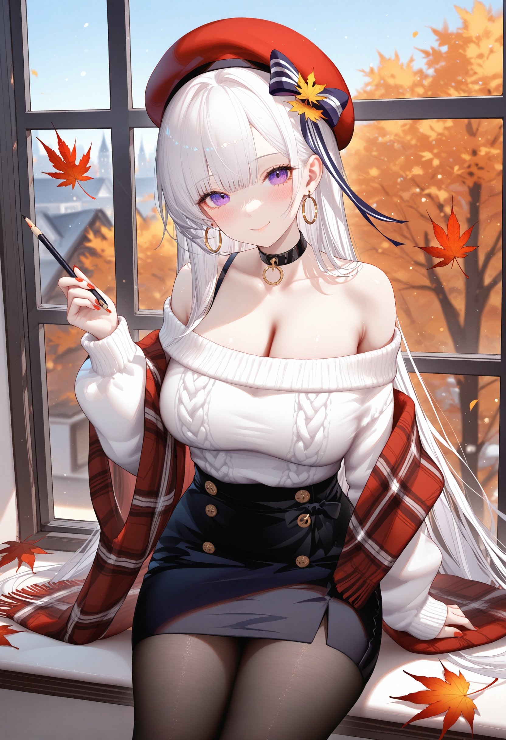 1girl,off-shoulder sweater,breasts,solo,pantyhose,choker,jewelry,belfast (azur lane),hat,off shoulder,long hair,sweater,earrings,skirt,large breasts,cleavage,sitting,smile,beret,purple eyes,red headwear,looking at viewer,white hair,cable knit,holding,bare shoulders,autumn leaves,hoop earrings,long sleeves,pencil skirt,bangs,black skirt,blush,aran sweater,collarbone,black choker,black pantyhose,white sweater,shawl,plaid,closed mouth,bow,blurry,very long hair,hand up,autumn out of window,indoors,BREAK fine fabric emphasis,best quality,masterpiece,best quality,amazing quality,very aesthetic,absurdres,best quality,amazing quality,very aesthetic,absurdres,Highly detailed,best quality,masterpiece,Highly detailed,<lora:珊瑚鲨XL:1>,