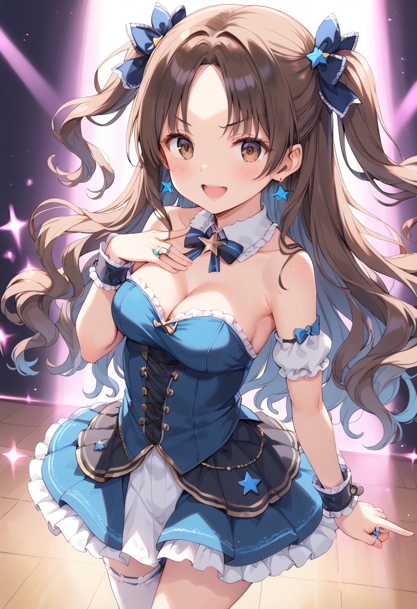 score_9, score_8_up, score_7_up, BREAK1girl, brown hair, brown eyes, jewelry, smile, open mouth, thighhighs, hair flower, microphone, looking at viewer, stage, :d, detached sleeves, stage lights, star \(symbol\), wrist cuffs, blue dress, white legwear, frills, star earrings, bare shoulders, ring, index finger raised, medium breasts, blush, blue flower, frilled dress, star hair ornament, cleavage, music, solo focus, collarbone, singing, pointing, very long hair, strapless dress, skirt, hair bow, blue hair, wavy hair, frilled choker, hand on own chest, two side up, standing, parted bangs, v-shaped eyebrows, hair ribbon, single thighhigh, spotlight, sleeveless, detached collar, dancing, blue rose,  zettai ryouiki