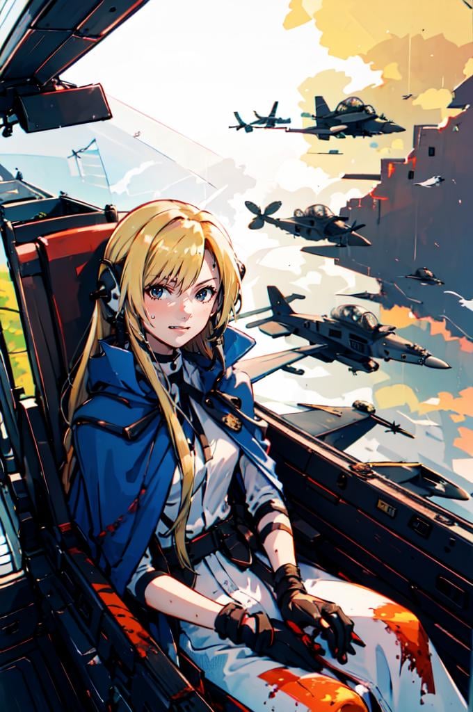 <lora:yomama_fighter_jet_pilot_selfie_v2:1> yomama_fighter_jet_pilot_selfie_v2,  <lora:RtPL-Malice:0.8> malice_(riviera), blonde_hair, long_hair, blue_cape, white_dress, gloves, sitting, evil smile, sweat, orange sky, dogfight, bullets, blood,, ultra detailed, masterpiece, best quality, aesthetic, detailed,