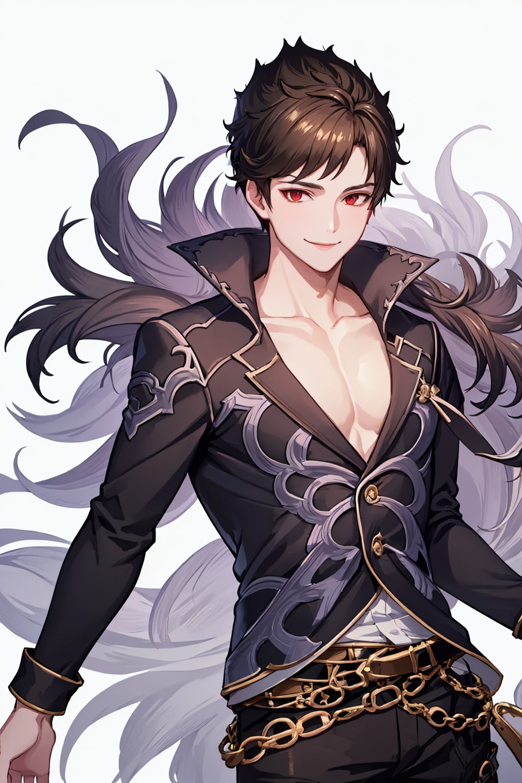 masterpiece,best quality, highly detailed, belial (granblue fantasy),1boy,solo,male focus,feather boa,looking at viewer,smile,pectoral cleavage,black shirt<lora:belial_(granblue_fantasy):1>,simple background,white background