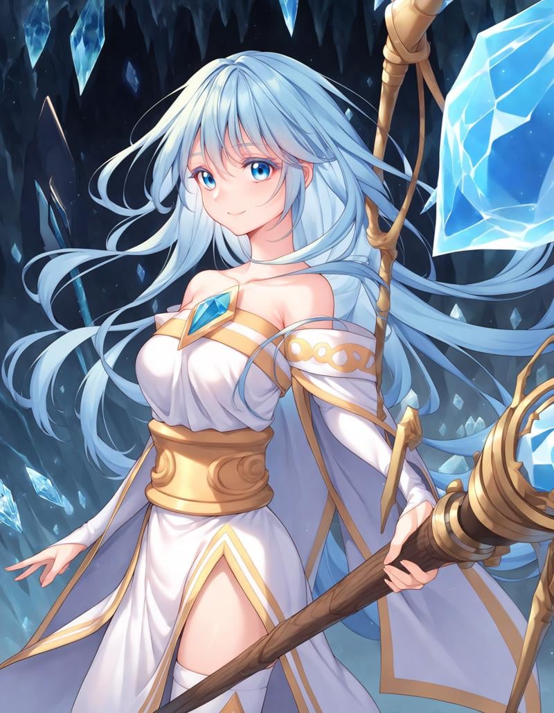 score_9, score_8_up, score_7_up, source_animeBREAKelfaria_olis, 1girl, solo, light blue hair, long hair, colored eyelashes, blue eyes, chest jewel, off-shoulder dress, yellow sash, side cape, bridal gauntlets, pelvic curtain, cowboy shot, looking at viewer, smile, closed mouth, cryokinesis, casting spell, mage staff, holding staff, from sideBREAKwind, wind lift, ice, ice crystal, ice shard, ice flower, aura, magic, cave, dark<lora:elfaria_Wistoria_ponyxl_v1_char:1>