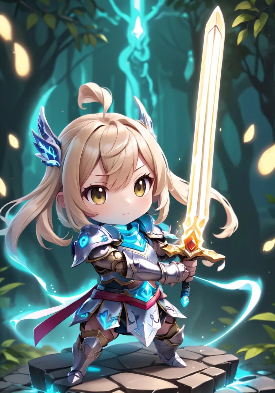 highres,best quality,photo,natural, kawaii chibi, game armor, keyboard sword, glowingrunesai