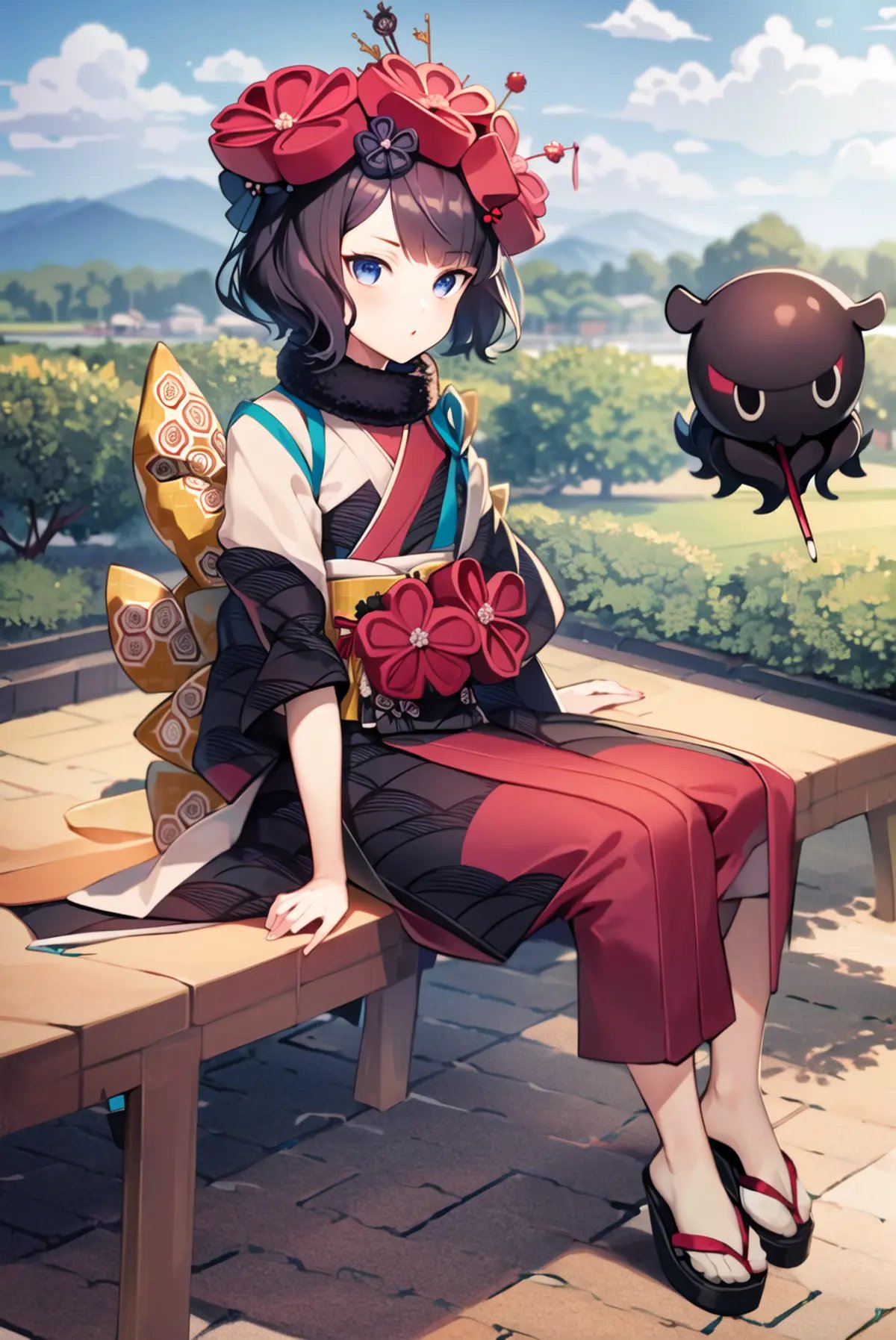 ((masterpiece,best quality, detailed)), kimono, obi, hair flower, sandals, tabi, hair stick, fur collar, outdoors,katsushika hokusai \(fate\),  <lora:KatsushikaHokusaiV1-000004:0.8>, octopus, tokitarou \(fate\)