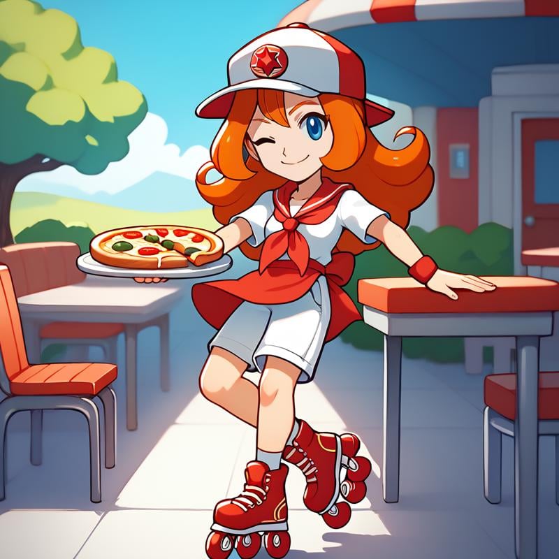 score_9, score_8_up, score_7_up, 1girl, solo, uncensored,  <lora:WarioWareMonaXL_v1.1:1> wariowaremona,  smile, standing,  closed mouth, wink, one eye closed, looking at viewer, holding pizza, blue eyes, long orange hair, baseball cap, white shirt, white shorts, red wristbands, red apron, red neckerchief, red roller skates,  outdoors, restaurant, tables, chairs, plates