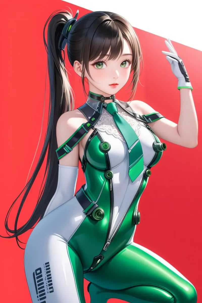 1girl,solo,full body,ruanyi0530,ruanyi0530,android,bare shoulders,belt,black choker,bodysuit,mechanical parts,zipper,green necktie,sleeveless,white gloves,18 years old Korean girl,green necktie,ponytail,very long hair,see-through,green bodysuit,squatting cowgirl position,spread legs,red background,arms up,,<lora:0530 Stellar Blade Battle Suit_3_xl_v1:0.9>, (masterpiece, top quality, best quality,beautiful,ultra detail:1.3,perfect lighting,beautiful eyes),(extremely detailed,highest detailed, absurdres , highres,intricate),(young girl),, (official art), (((extremely detailed and beautiful background))), ((Ultra-precise depiction)), ((Ultra-detailed depiction)), (aesthetic),