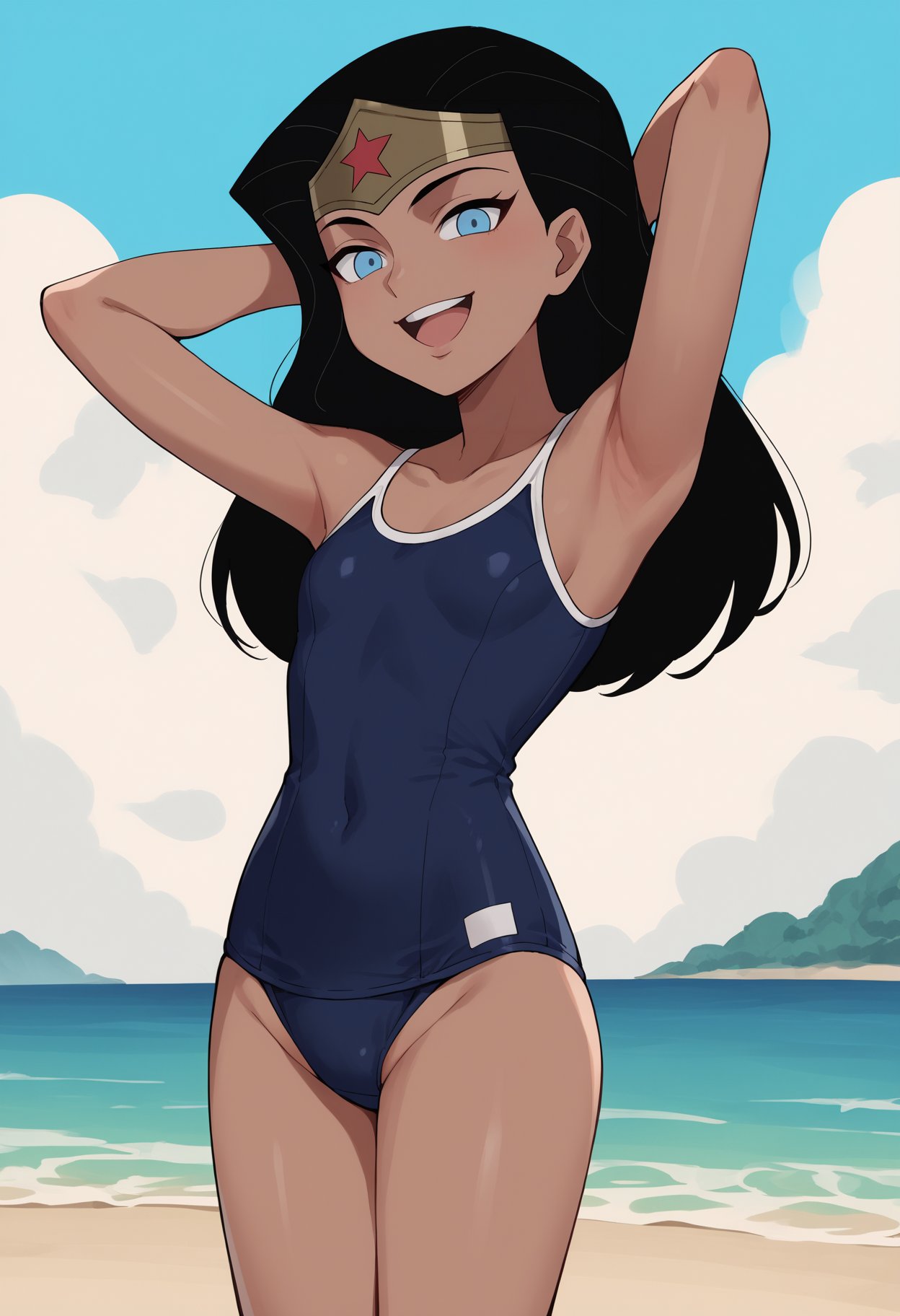 score_9, score_8_up, score_7_up, score_6_up, score_5_up, score_4_up, BREAK, source_anime,1girl, wonderwoman, black hair, long hair, blue eyes, dark skin, school swimsuit, hands behind head, one-piece swimsuit, open mouth, smile, happy, solo, looking at viewer, sea, sand, blue sky, tropical island background  <lora:WonderWomanKidsXL:1>