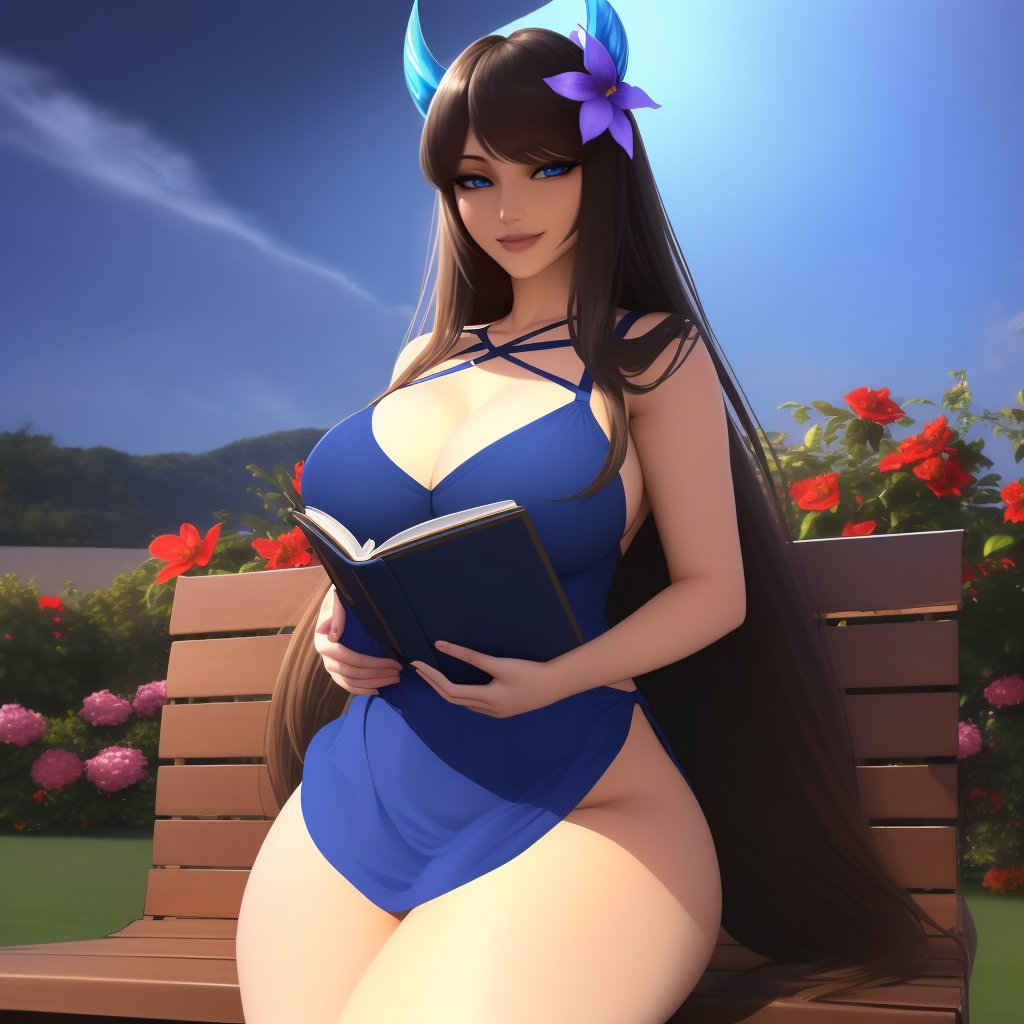 (masterpiece, best quality:1.3), Popogori1, 1girl, solo, looking at viewer, wide hips, mature female, closed mouth, seductive smile, large breasts, cowboy shot, thick thighs,  <lora:Popogori1 Style Lora:1>, long hair, book, black hair, sitting, holding, open book, horns, holding book, reading, blue eyes, flower, hair ornament, bangs, glowing, very long hair, night, hair flower, blue theme, dress