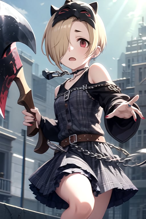 <lora:KoumeShirasaka:0.7>, shirasaka koume, 1girl, solo, looking at viewer, short hair, open mouth, skirt, blonde hair, red eyes, long sleeves, dress, holding, bare shoulders, jewelry, weapon, earrings, choker, belt, necklace, nail polish, holding weapon, hair over one eye, plaid, clothing cutout, blood, mask, chain, plaid skirt, piercing, ring, ear piercing, buckle, black belt, mask on head, axe, shoulder cutout, holding axe