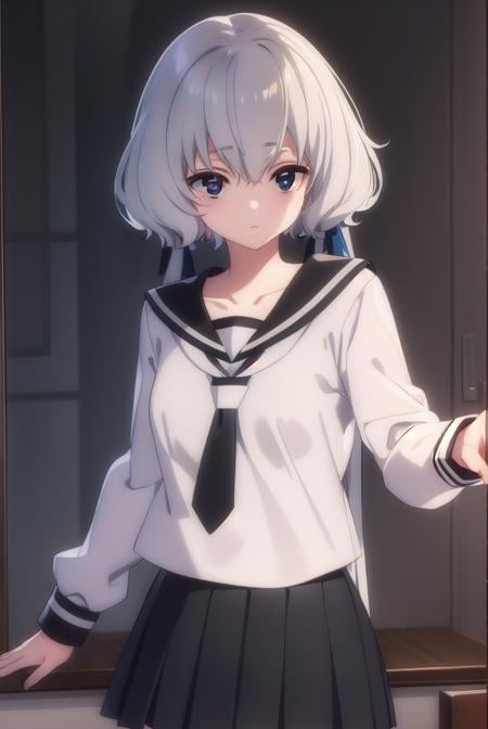 junkokonno, <lora:junko konno s2-lora-nochekaiser:1>,junko konno, low twintails, (black eyes:1.5), twintails, white hair,BREAK sailor dress, serafuku, skirt, school uniform, white necktie, necktie, long sleeves,BREAK looking at viewer, full body,BREAK indoors, classroom,BREAK <lyco:GoodHands-beta2:1>, (masterpiece:1.2), best quality, high resolution, unity 8k wallpaper, (illustration:0.8), (beautiful detailed eyes:1.6), extremely detailed face, perfect lighting, extremely detailed CG, (perfect hands, perfect anatomy),