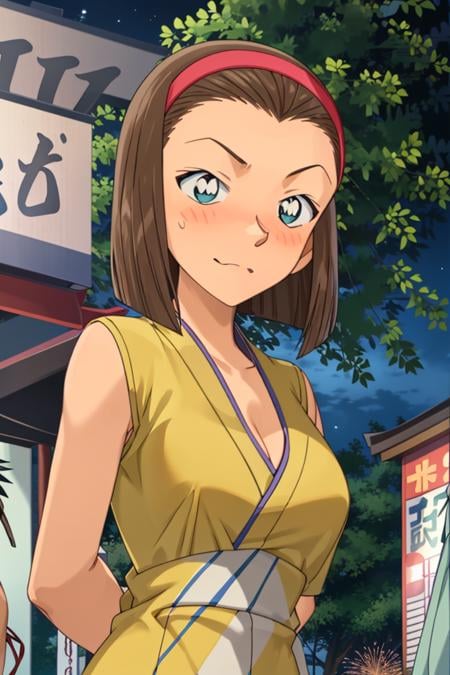 sonoko,1girl,solo,blue eyes,hairband,brown hair,short hair,cleavage, medium breasts,(japanese clothes:1.4),(Festival:1.3),night,fireworks,arms behind back, embarrassed, nose blush,  <lora:sonoko:0.8>