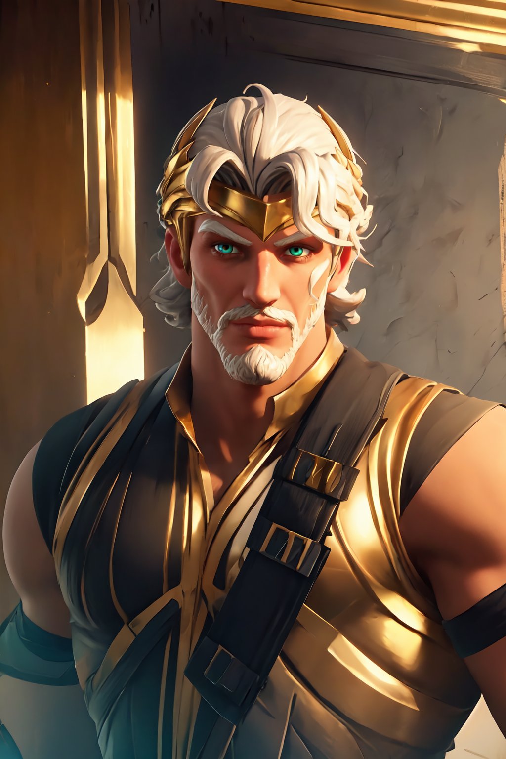 <lora:zeusfortnite-09:0.5> zeusfortnitev1, 1boy, white skin, white hair, mature male, green eyes, shotgun shell bandolier, facial hair, golden armor, looking at viewer,