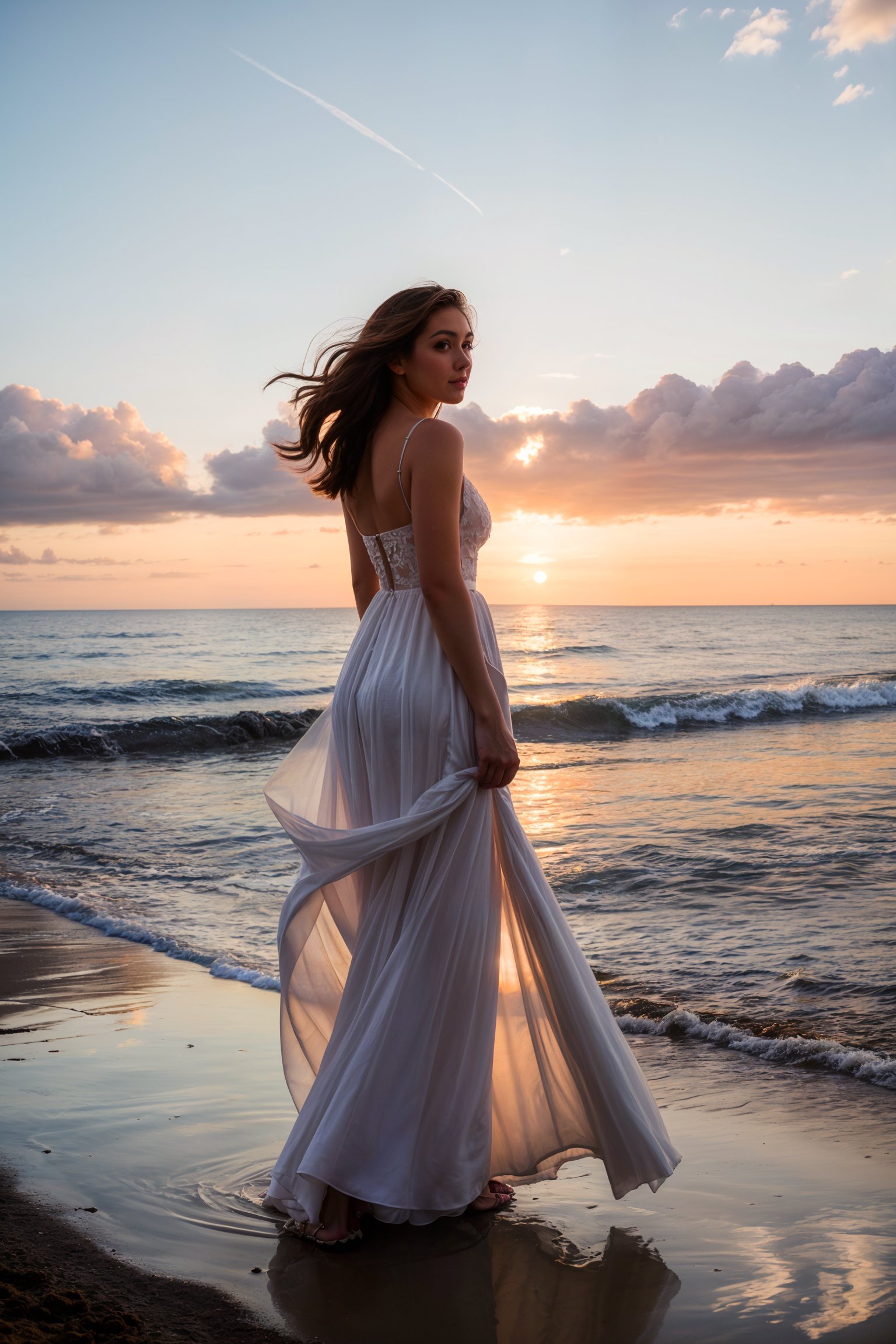 Photo of a woman on the beach, wearing wedding dress, (sunset), reflection