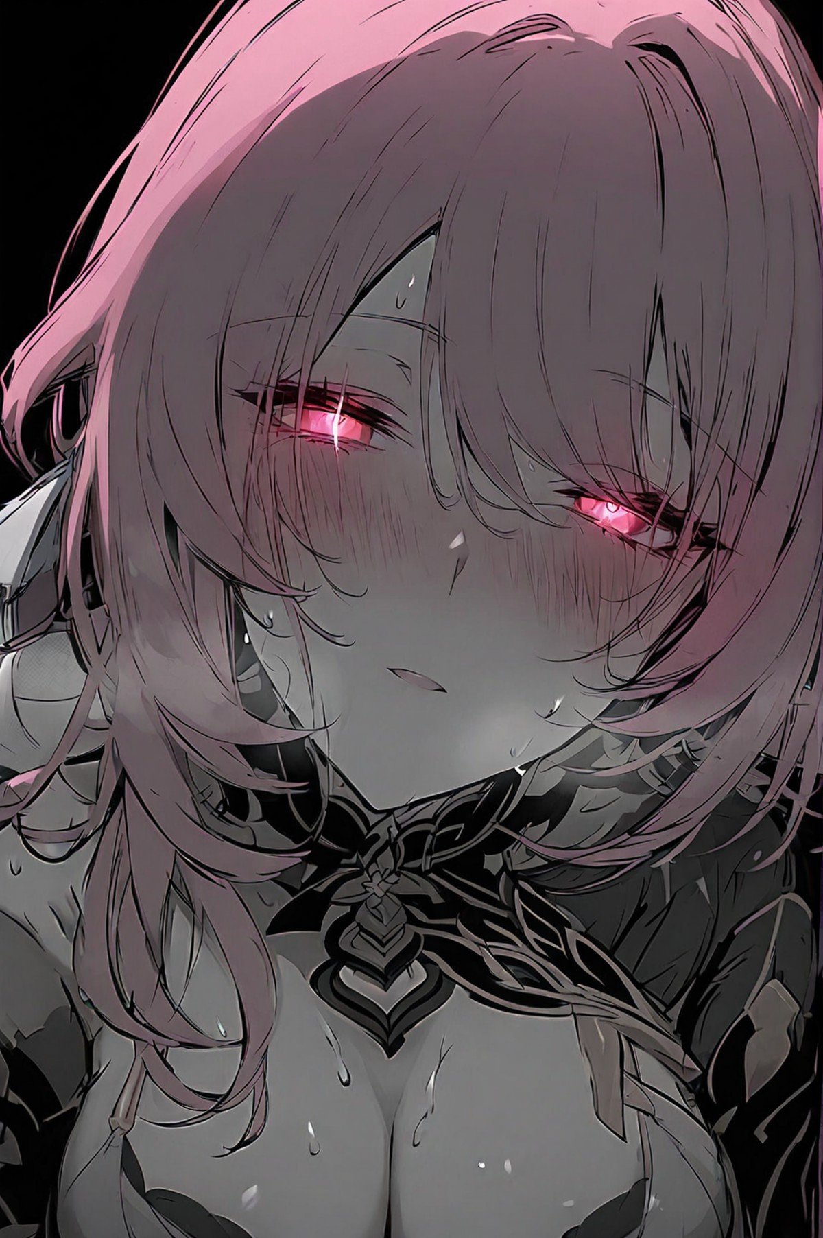 score_9, score_8_up, score_7_up, sharp style, black background, simple background, dim lighting, face focus, upper body, steam, 1girl, large breasts, pink hair, elysia (honkai impact), cleavage, looking at viewer, blush, pink eyes, sweat, long hair, glowing eyes, hair between eyes, symbol-shaped pupils, parted lips, <lora:InkxXmo Dark Sharp_1:1>