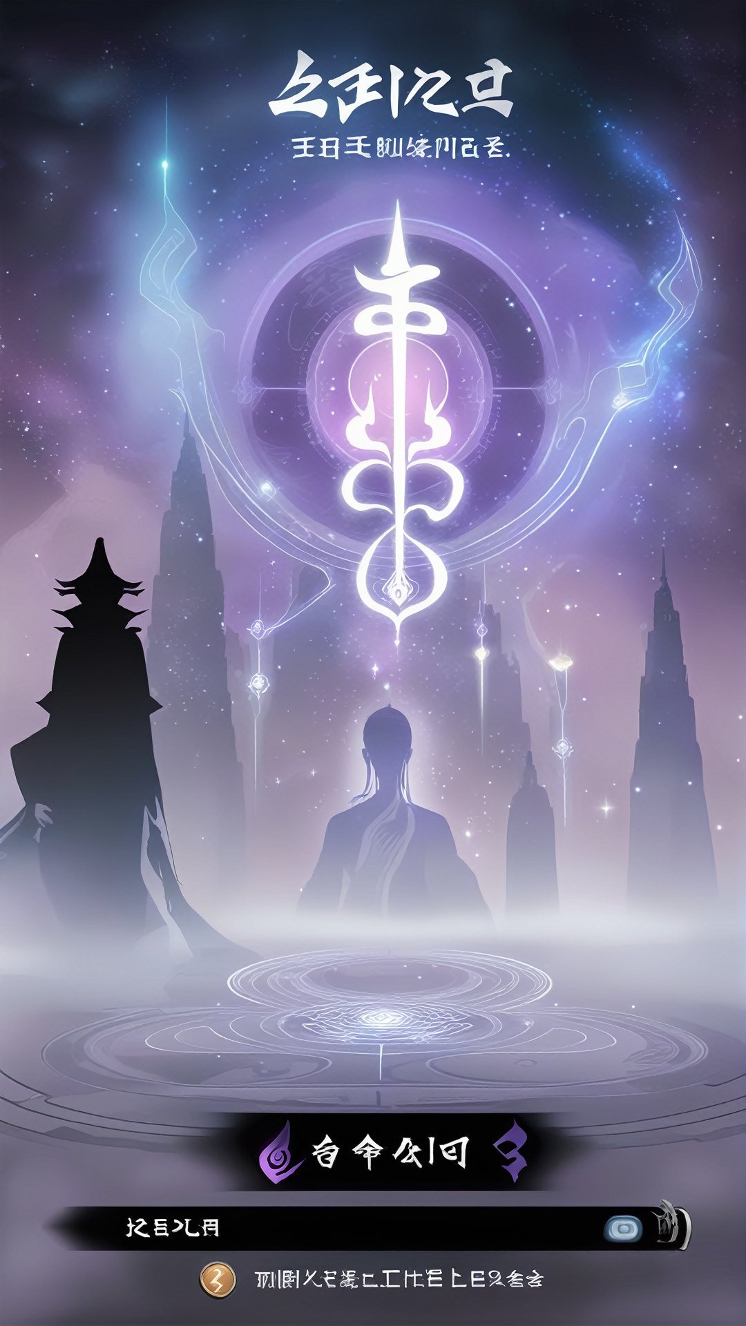 The background of the activity interface of the Spirit world is the secret world of the ink style, surrounded by unreal mist and reiki, creating a mysterious atmosphere. In the background, there are detailed depictions of the spirit world and floating points of light, showing the mystery and illusion of spiritual visits. At the top of the interface is a mauve banner that reads "Spirit World Visitation" in flowy letters with starlight embellishment<lora:sdxl_21shuimojiemian:0.6>,