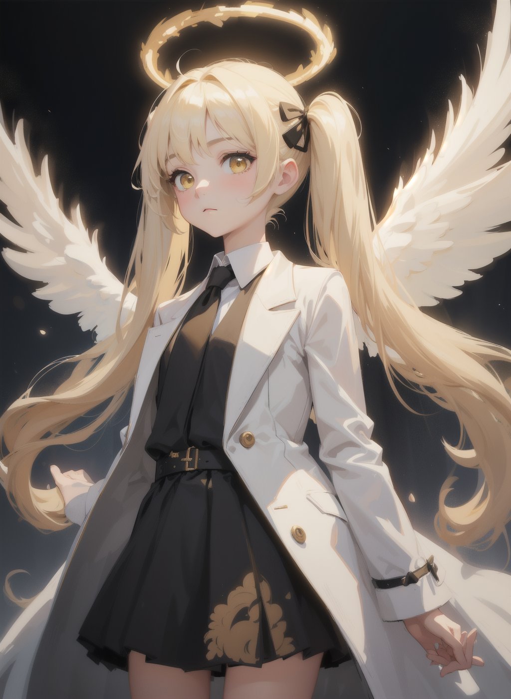(masterpiece, Best Quality:1.3), (Ultra-detailed:1.3),1girl in, Solo, (White hair, hair messy, Long hair),(Angel wings, Angel Halo), flat chest, Yellow eyes,(White shirt, black necktie, Black coat, Open coat), Cowboy Shot, Cinematic lighting, (((Glowing particles of light))), (arms behind back), Dynamic Angle, (((Petite girl with blonde twin tails))), <lora:SilvermoonMix12_V71:1>