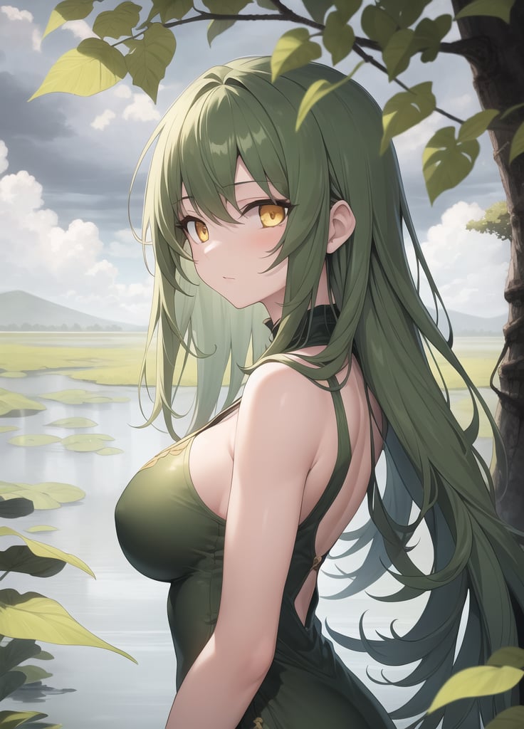 masterpiece,best quality,1girl,golden eyes,breasts,swamp,dark cloudy sky,leaf dress,upper body