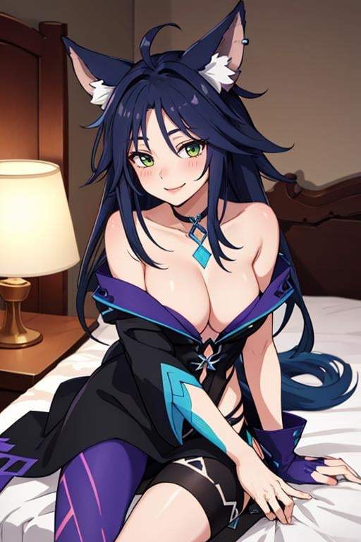 (high quality, best quality:1.3), ra1ju, sitting on a bed, hands behind her back, smiling seductively