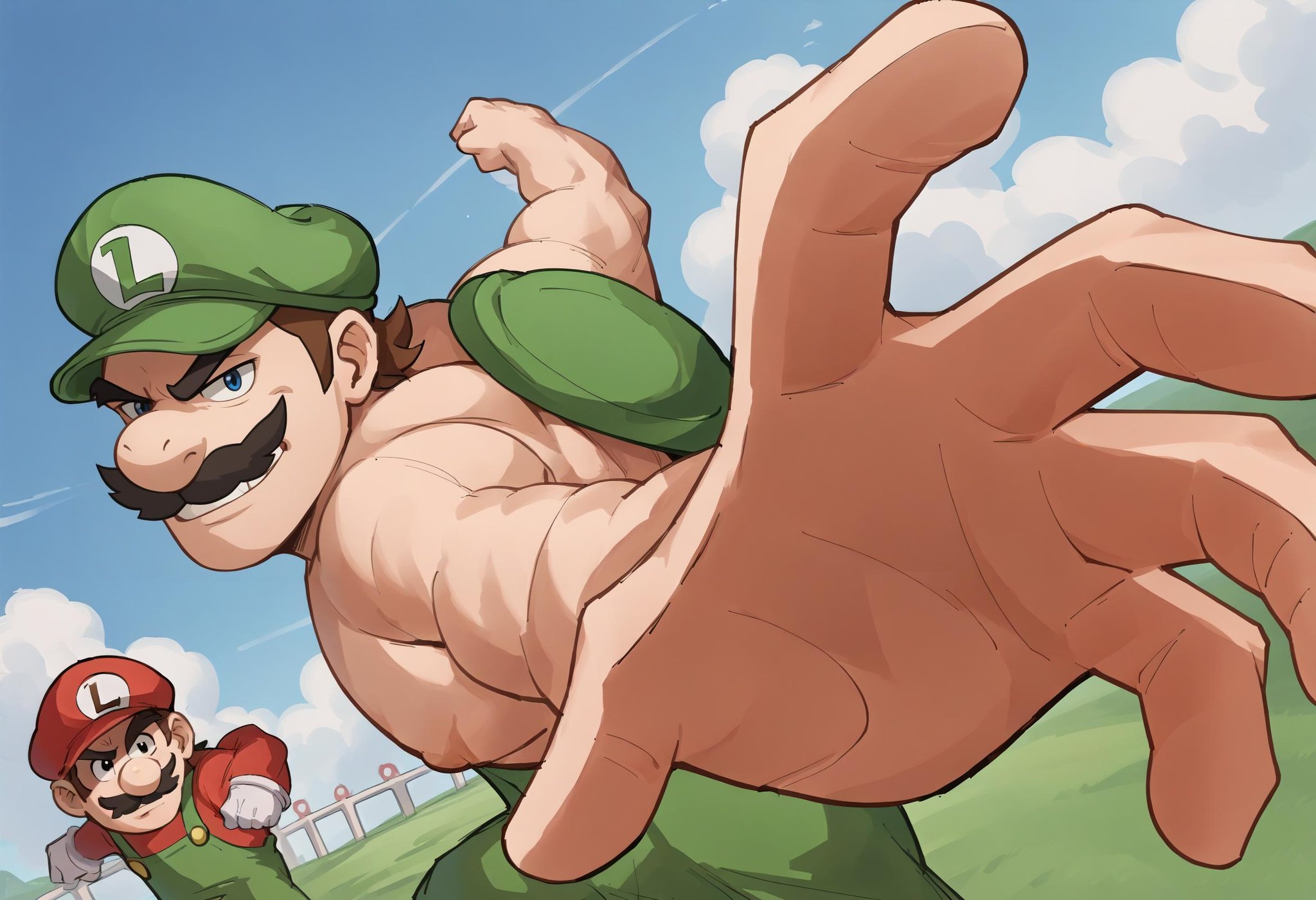 score_9, score_8_up, score_7_up, source_anime, IncrsPunchMeme, <lora:PepePunchMeme_XLPD:1.1>, 1boy, luigi, mario \(series\), muscular, topless, smirk, black mustache, 